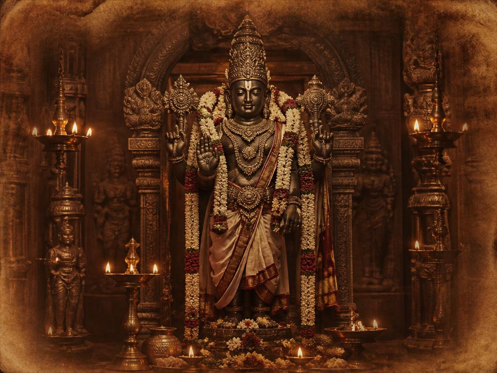Sri Chennakesava Swamy sanctum lit by oil lamps
